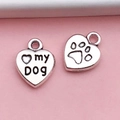 Silver heart pendant set with 'my DOG' text and paw print for DIY jewelry making - Heart My Dog (7277)
