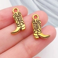 Pair of miniature golden alloy cowboy boot charms with detailed stitch texture - Boot Shoes (19253)
