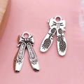 Silver ballet slipper charms with bow detail for DIY jewelry making and crafting - Antique Silver Shoe (3757)
