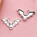 Antique silver bat charms for DIY jewelry making featuring front and back wing details - Antique Silver Halloween Bat (6592)