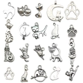 Lot de 20 pendentifs chats et empreintes de pattes argent antique pour bijoux DIY et artisanat - Pendentifs Chat Lot de 20 Styles (SN839)