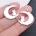 Pendentif croissant de lune et chat argenté pour création de bijoux DIY - Chat de Lune (5339)