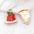 Ciondolo natalizio in lega con campanelle rosse e fiocco verde per creazione gioielli - Smalto Campana di Natale Rossa (9907)