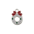 Christmas wreath charm with white enamel and red rhinestone bow for bracelets - White Bright Silver Wreath (14314)