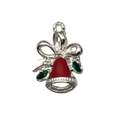 Christmas bow bell charm with red and green enamel coating on a white background - Red Bright Silver Bell (14315)