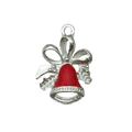 Silver bell pendant with red enamel finish and festive holly leaf design for bracelets - Red Christmas Bell (19644)