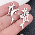 Silver vintage double dolphin pendant for DIY jewelry making and keychains - Ocean Dolphin (10379)