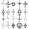 Set of 20 vintage silver cross pendants and heart charms for DIY jewelry making - Mixed Antique Silver Cross Style (SN905)
