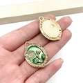 Detailed macro view showing the front and back of vintage enamel rose pendants with pearls - Green Oval Rose Flower Plate (19481)