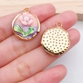 Golden round tulip flower charm pendant with 3D pink petals and gradient background - Pink Two-Tone Flower Plate (21169)