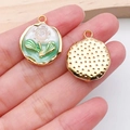 White oil-dripped tulip flower pendant charm with gold edge and textured back detail - Green Two-Tone Flower Plate (21170)