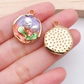 Floral tulip charm in gold finish with white pearl buds and green enamel leaves - Purple Two-Tone Flower Plate (21171)