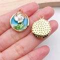 Round enamel tulip flower charm with pearl inlay and blue-green gradient for DIY necklaces - Blue Three-Color Flower Plate (21173)
