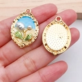 Vintage oval tulip flower charm with blue sky oil painting and pearl detail - Blue Two-Tone Flower Plate (21178)