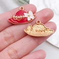 Red enamel hat pendant for DIY jewelry with gold edges and pearl embellishments - Red Pearl Bow Hat