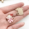Detail of creative cartoon cat teacup charms showing front and back alloy textures - White Cat Heart Pink Cup