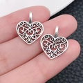 Antique silver heart-shaped filigree alloy pendants for DIY necklace and earring making - Hollow Heart Style (6297)