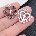 Pendenti a cuore con croce in argento antico e lucido per gioielli fai-da-te - Stile Cuore Croce (15842)