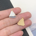 Detail of nautical sailboat enamel charm with gold metal frame and mesh texture back - 18x15mm / Blue White Sailboat