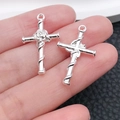 Polished silver alloy cross pendant with rose vine detail for DIY jewelry making - Rose Wrapped Cross Style (20348)