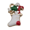 Christmas stocking charm with gift tree and candy cane in red and green enamel finish - White Enamel Christmas Sock (12530)