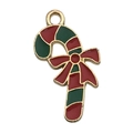 Christmas candy cane pendant charm with red and green stripes and a gold bow detail - Christmas Candy Cane (14165) / 1 Piece (12x22mm) / Red and Green