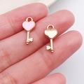 Pink enamel heart key pendant in golden alloy for DIY necklaces and jewelry making - Pink Enamel Heart Key Style (10989)