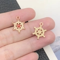 Golden nautical ship wheel charms with red and white enamel for DIY jewelry making - 18x13mm / Red Helm