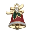 Christmas bell charm in red enamel with green leaves and a golden rhinestone bow - Red Christmas Bell Style (14194) / 1 Piece (14x19mm) / Red