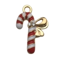 Christmas candy cane pendant in gold alloy with red white enamel and bow detail - Red And White Candy Cane Style (14196) / 1 Piece/Pack (15x22mm) / Red & White