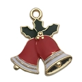 Christmas bell enamel charm with red bells and green holly leaves on gold alloy base - Enamel Red Christmas Bell (14210) / 19x21mm