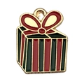 Christmas striped gift box pendant in red and green enamel with a golden bow - Enamel Red and Green Square Christmas Gift Box (14257) / 15x19mm