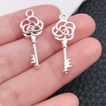 Silver vintage key pendant with rose hollow design for DIY jewelry accessories - Bright Silver Rose Key (20962)