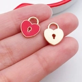 Miniature heart padlock charms set in red enamel and gold finish for DIY jewelry - Red Heart Lock (11040)