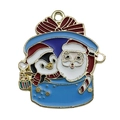 Blue Christmas enamel pendant featuring Santa Claus and penguin in a red gift bag - Blue Santa and Penguin (17269) / Blue