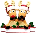 Resin Christmas reindeer ornaments with red hats and white banner for personalization - Family Printed Style A
