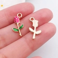 Pink rose flower DIY pendant with gold metal edges and green leaves for jewelry making - Rose
