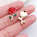 Pink heart rose and love charms in gold alloy with red enamel for DIY jewelry making - Red Rose Branch Charm (12306)