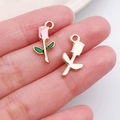 Golden alloy rose pendant with pink enamel petals and green leaves for DIY jewelry - Pink Rose Flower Style (12317)