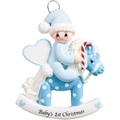 Ornamento natalizio in resina con neonato su cavallo a dondolo blu per il primo Natale - Bimbo su Cavallo a Dondolo Blu
