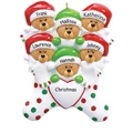 Christmas bear family ornament with six red and green hats on a white glitter heart - Six Bear Heads