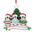 Detalle de tres pingüinos de resina con jerséis y carteles personalizables para Navidad - Estilo Familia Pequeña
