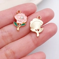 Pink drip oil rose flower and golden textured charms for DIY jewelry making - Pink Enamel Rose with Rhinestone Style (16691)