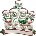 Detail of resin llama family Christmas ornament with festive red hats and DIY banner - 5 Alpacas Family Style