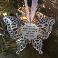 Memorial butterfly ornament in alloy with engraved silver disc and purple ribbon - Uncle
