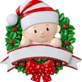 Cute baby in Christmas wreath resin ornament with DIY blank banner for personalization - Red