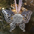 Silver butterfly memorial ornament with aunt quote and pink ribbon on Christmas tree - Aunt