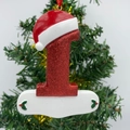 Sparkly red number 1 Christmas ornament with Santa hat and customizable white base - Letter I (Style I)