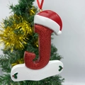Sparkly red letter J Christmas ornament with festive hat and green holly leaves decoration - Letter J (Style J)