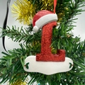 Christmas letter L hanging ornament with red glitter finish and Santa hat on Xmas tree - Letter L (Style L)